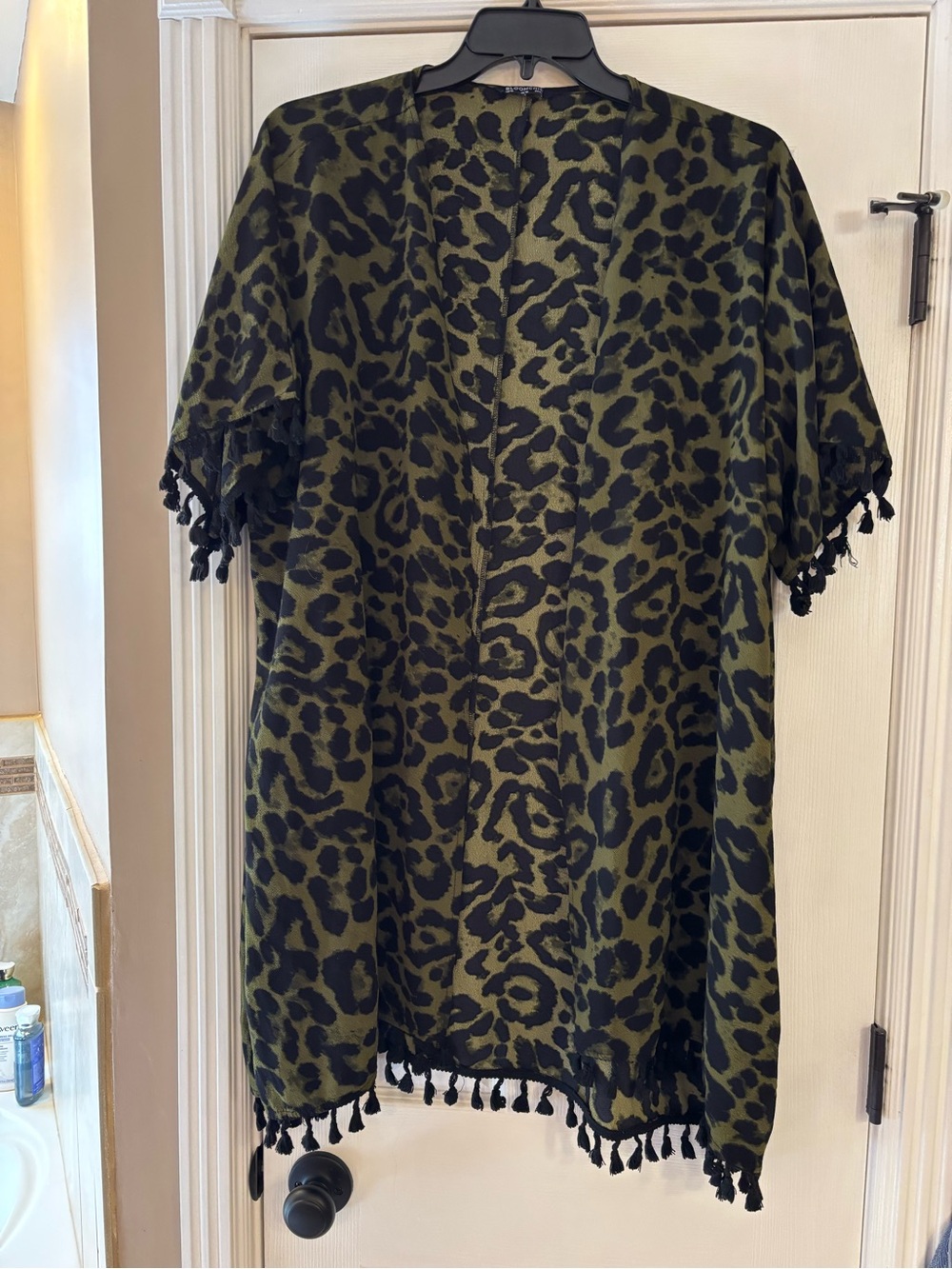 BloomChic Olive Green & Black Leopard-Print Kids Kimono with Tassels